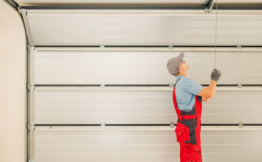 man assessing if client needs garage door repair or replacement